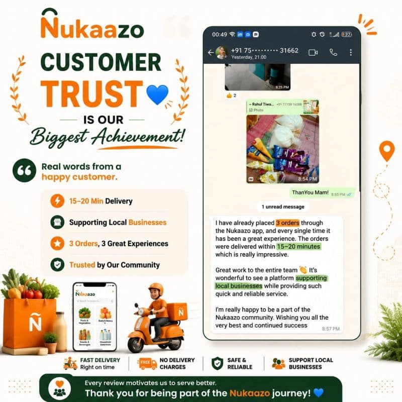 Nukaazo graphic sharing a customer review about 15–20 minute deliveries